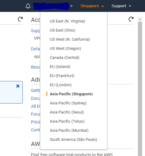 Chọn vùng tại Amazon Web Services